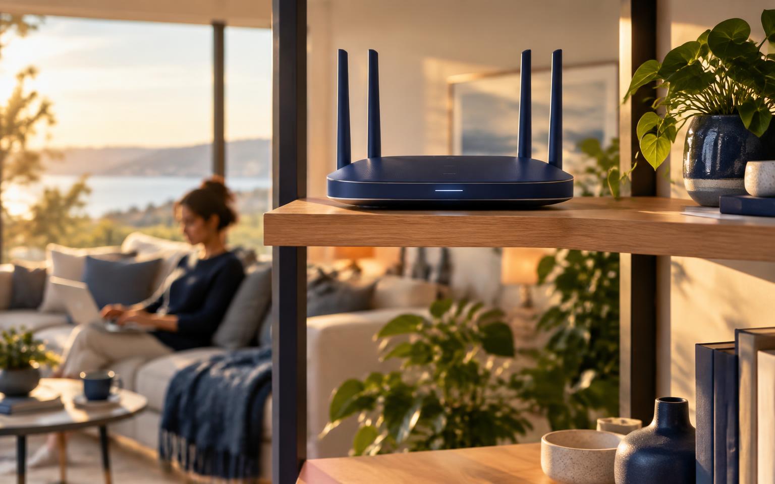 Wi-Fi router placed high on an open central shelf in a home
