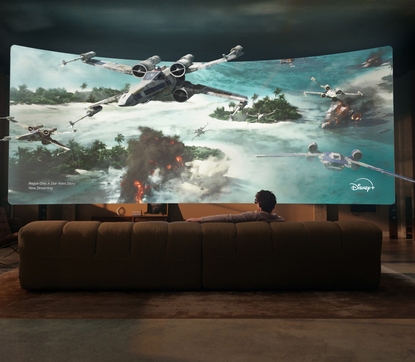 Traveler wearing Meta VR Glasses while watching a large virtual movie screen