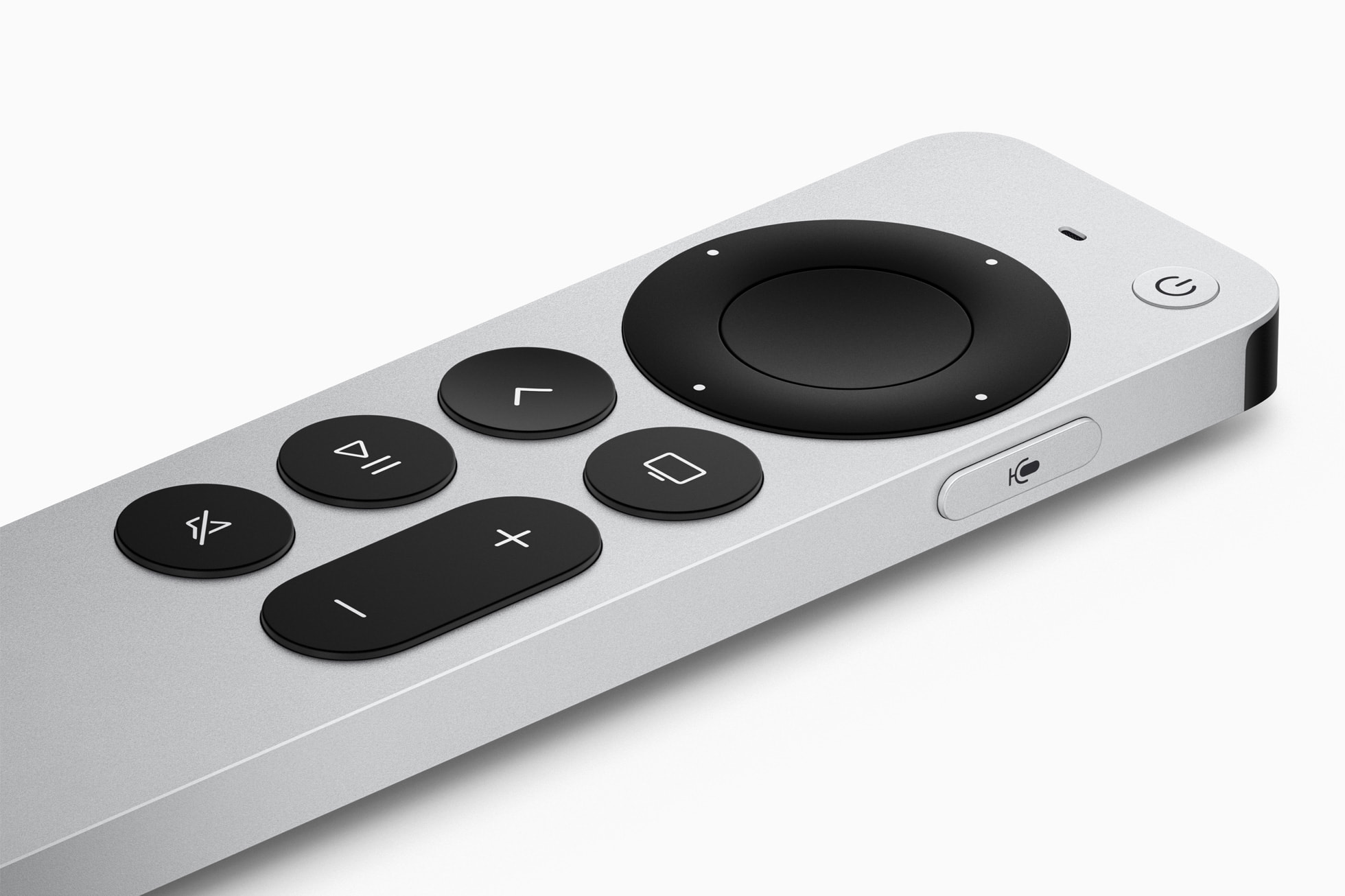 Close-up of the silver Siri Remote with circular clickpad