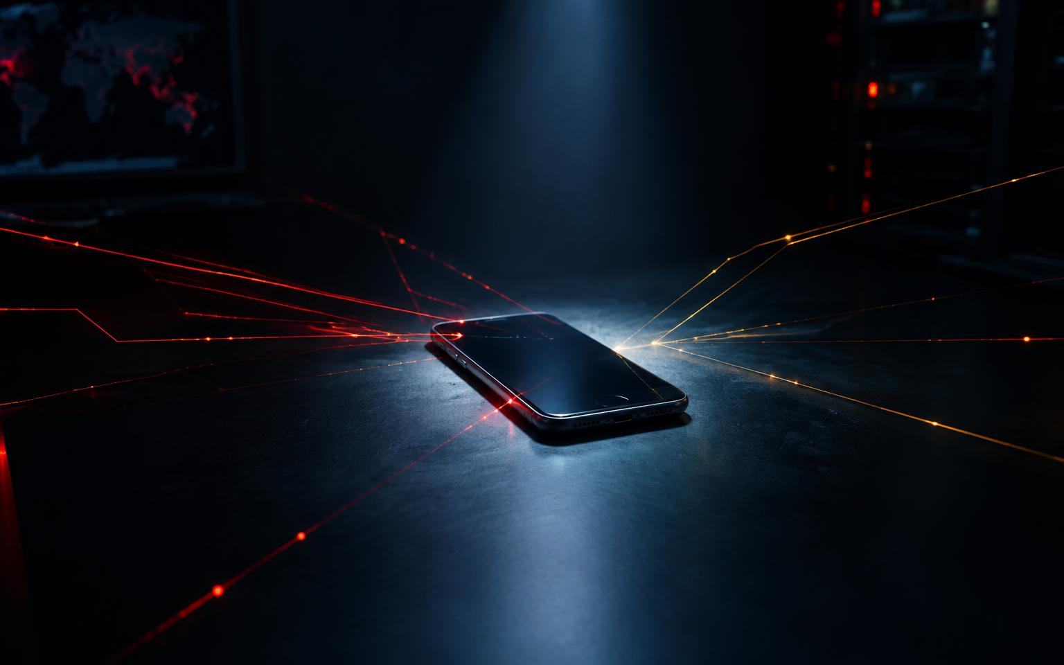 A single smartphone illuminated as network traces converge on it