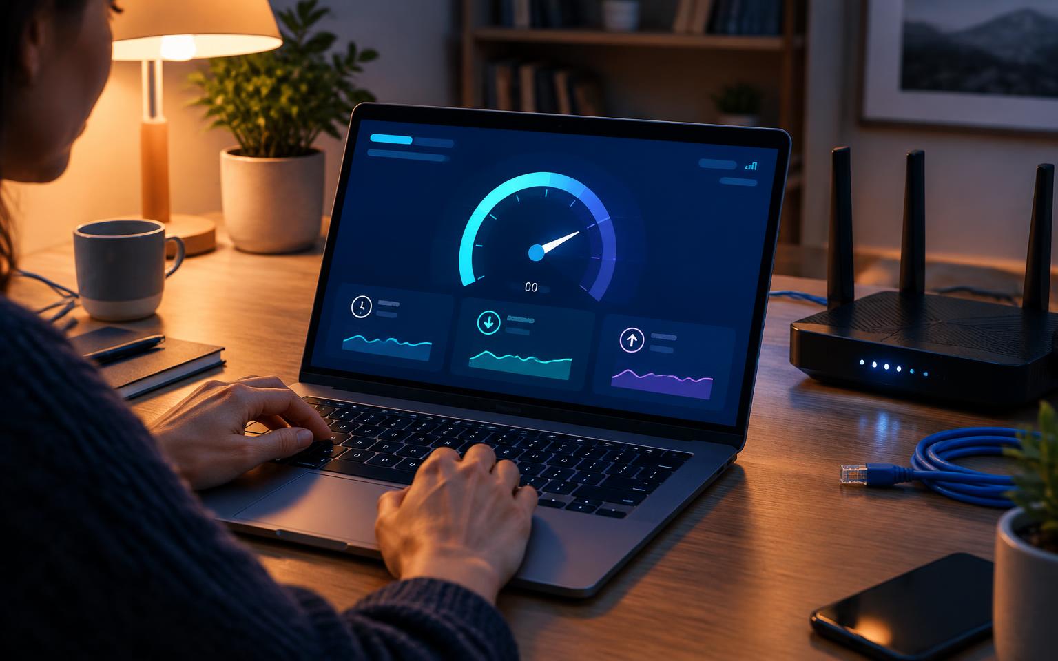 Person checking home internet performance on a laptop beside a router