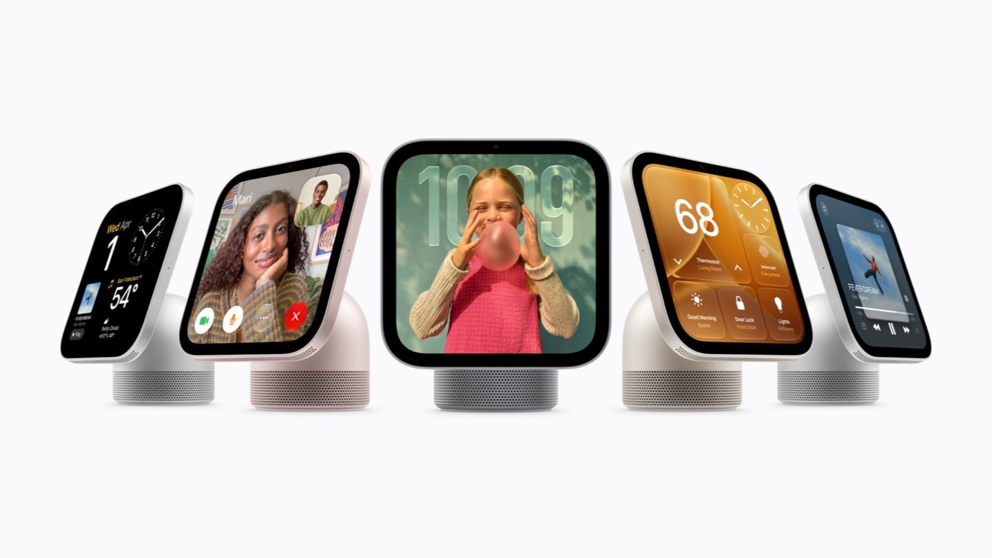 Apple HomeView displays showing weather, FaceTime, photos, home controls and music