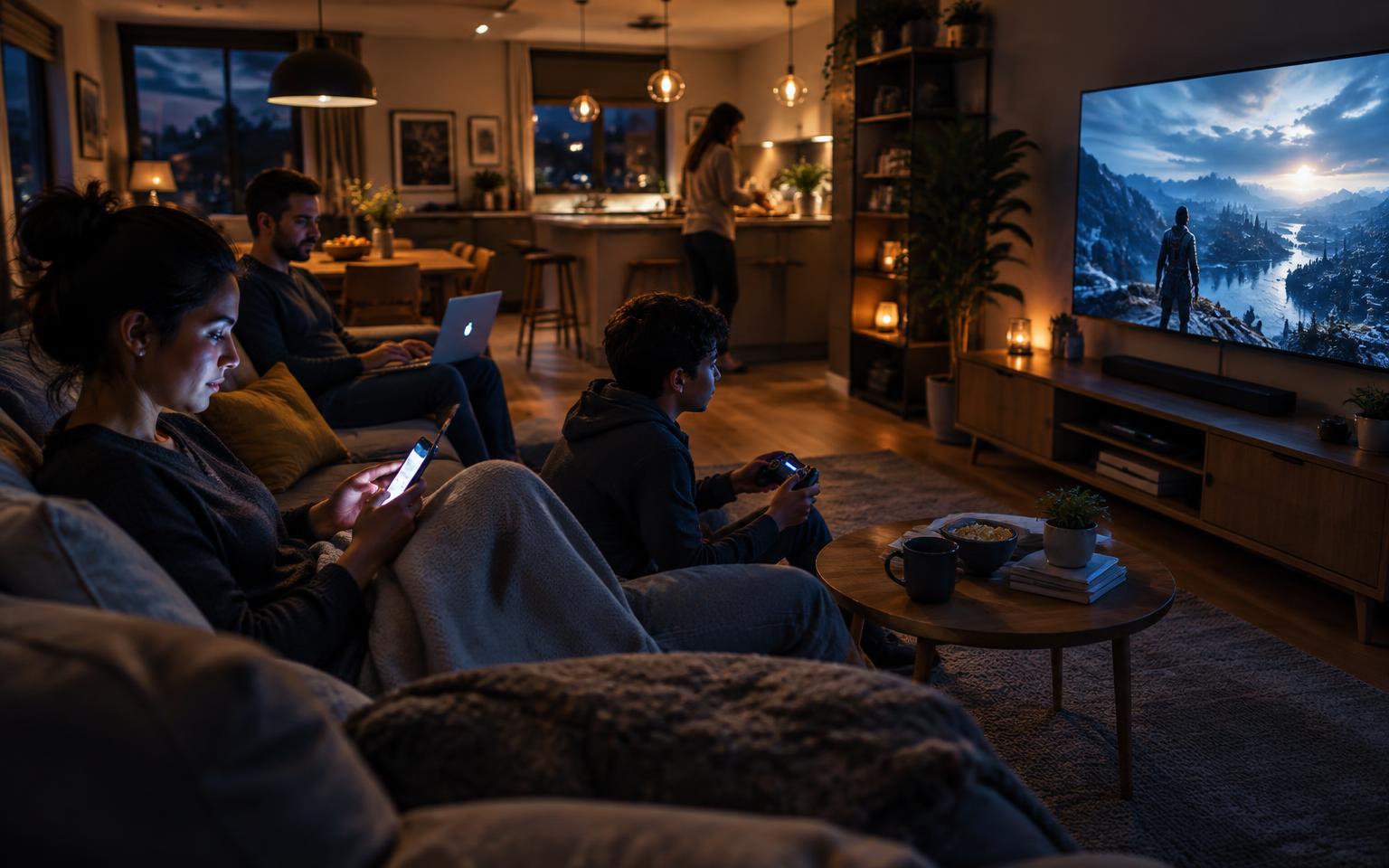 Busy household gaming, streaming, browsing, and using a phone simultaneously