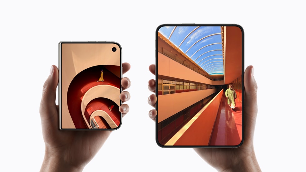 Hands holding the new iPhone Duo closed and unfolded to compare its two displays