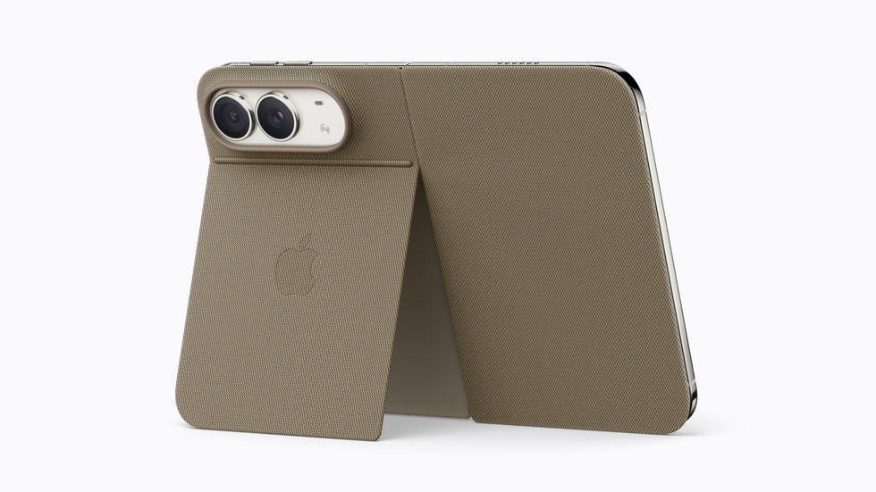 The new iPhone Duo with Apple's taupe Folio accessory and its kickstand
