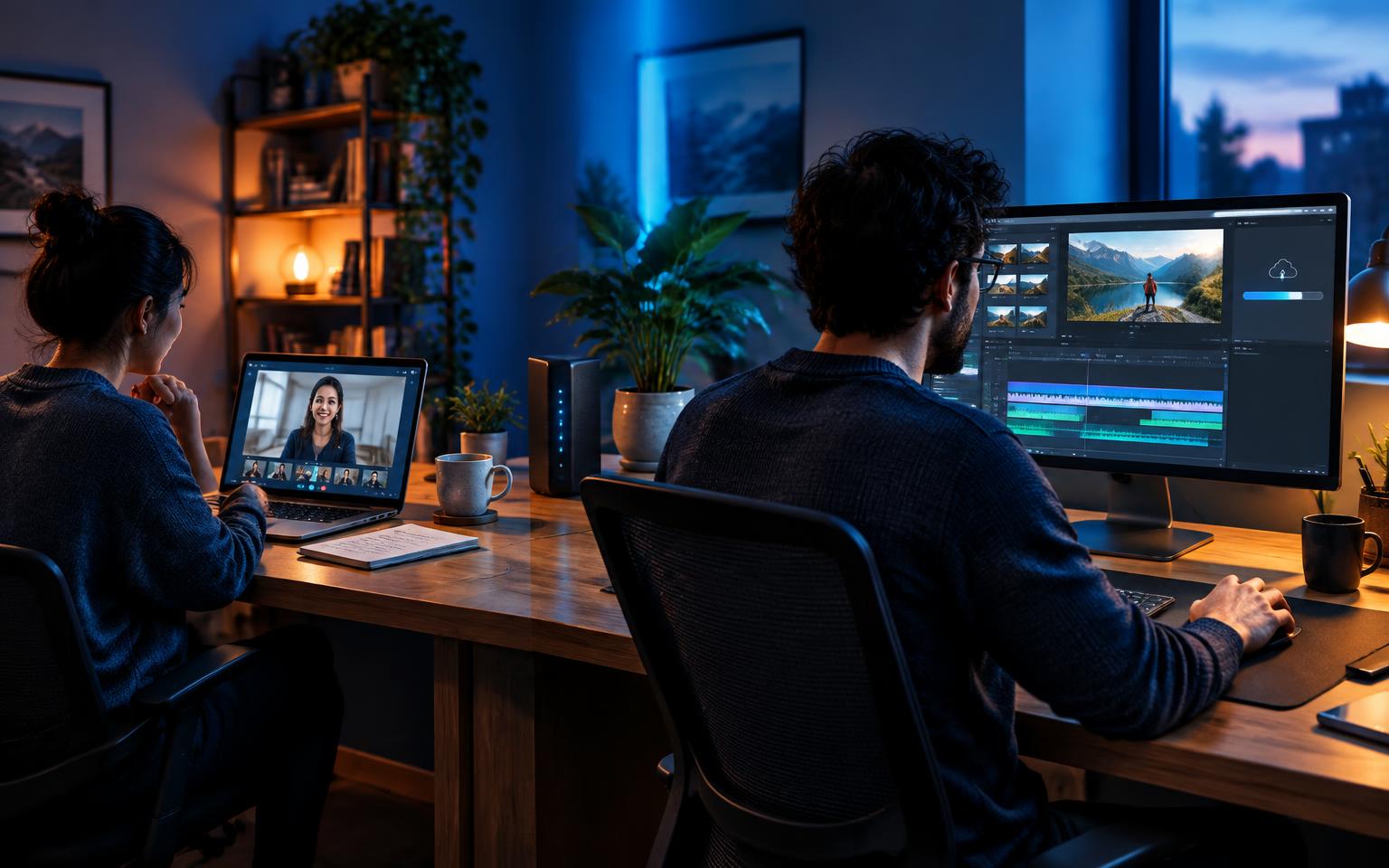 Two remote workers sharing a video call and uploading a large video file