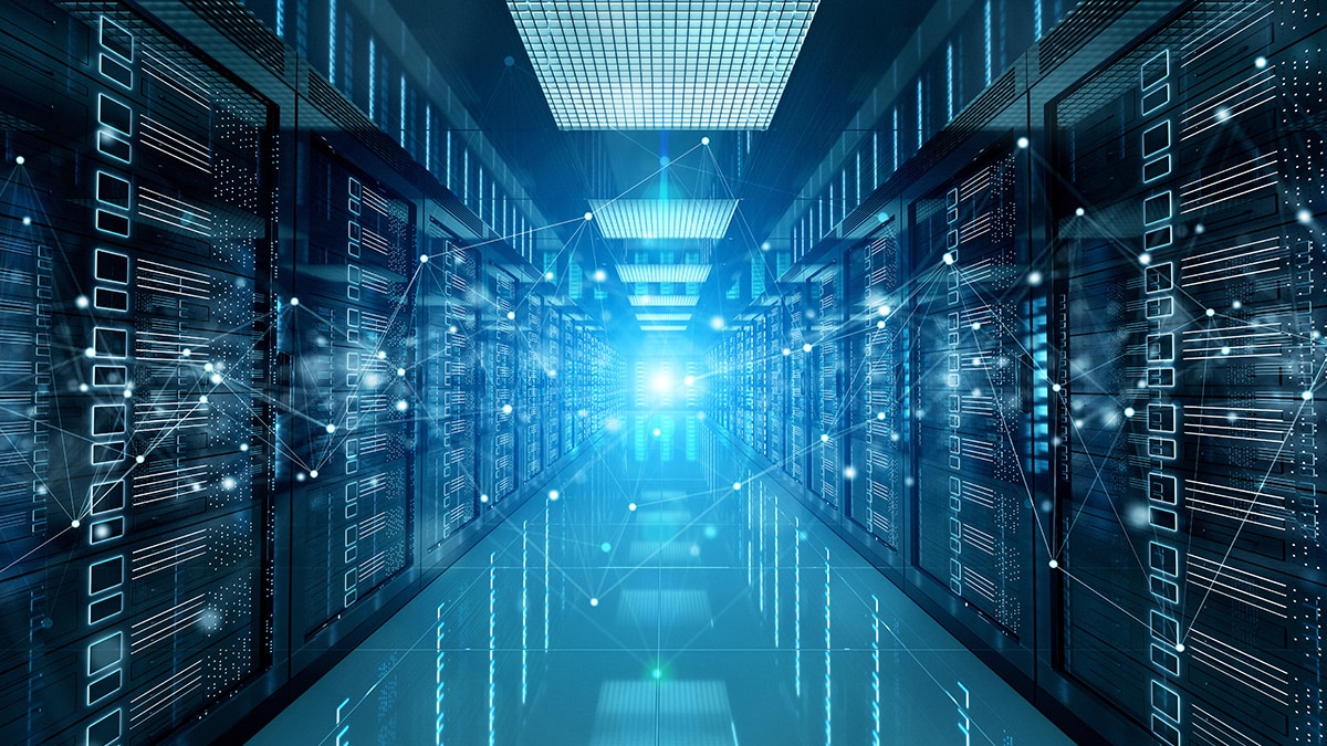 Blue-lit modern data-center corridor with digital overlays