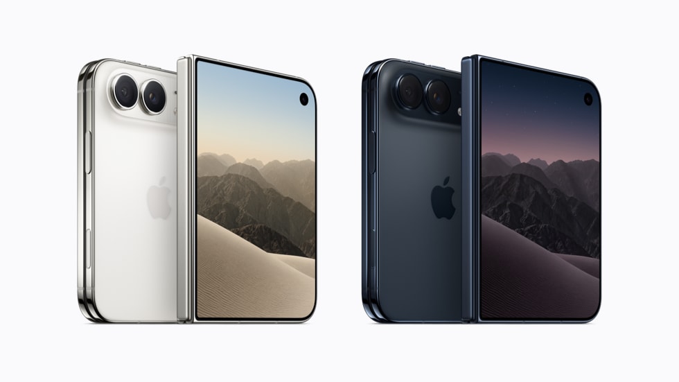 Apple iPhone Duo in star white and night sky, showing its exterior display and rear cameras