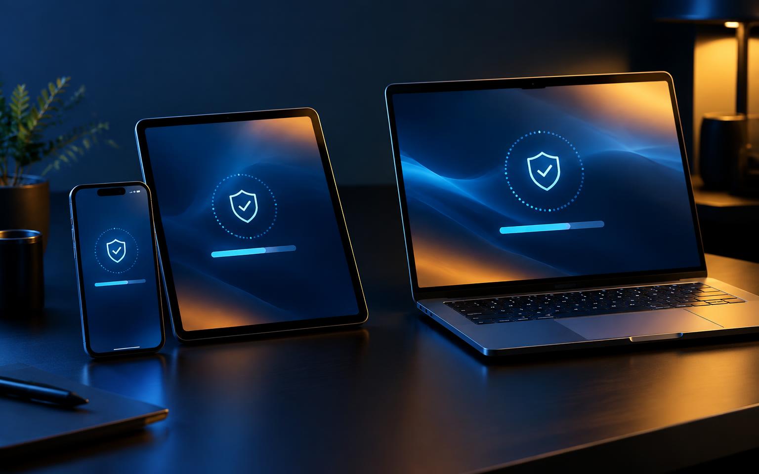 Smartphone, tablet, and laptop receiving coordinated security updates