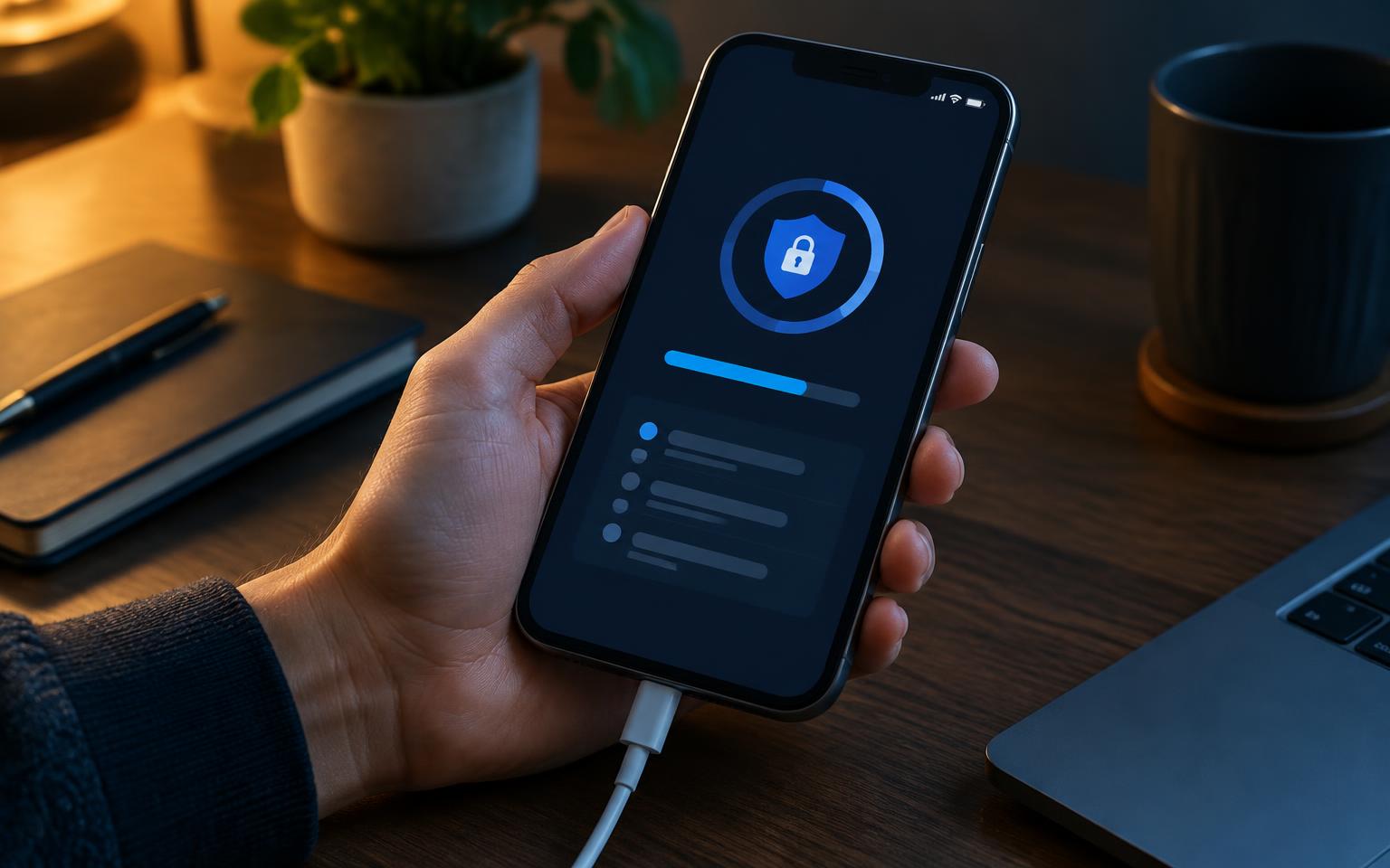 A person installing a security update on a smartphone connected to power