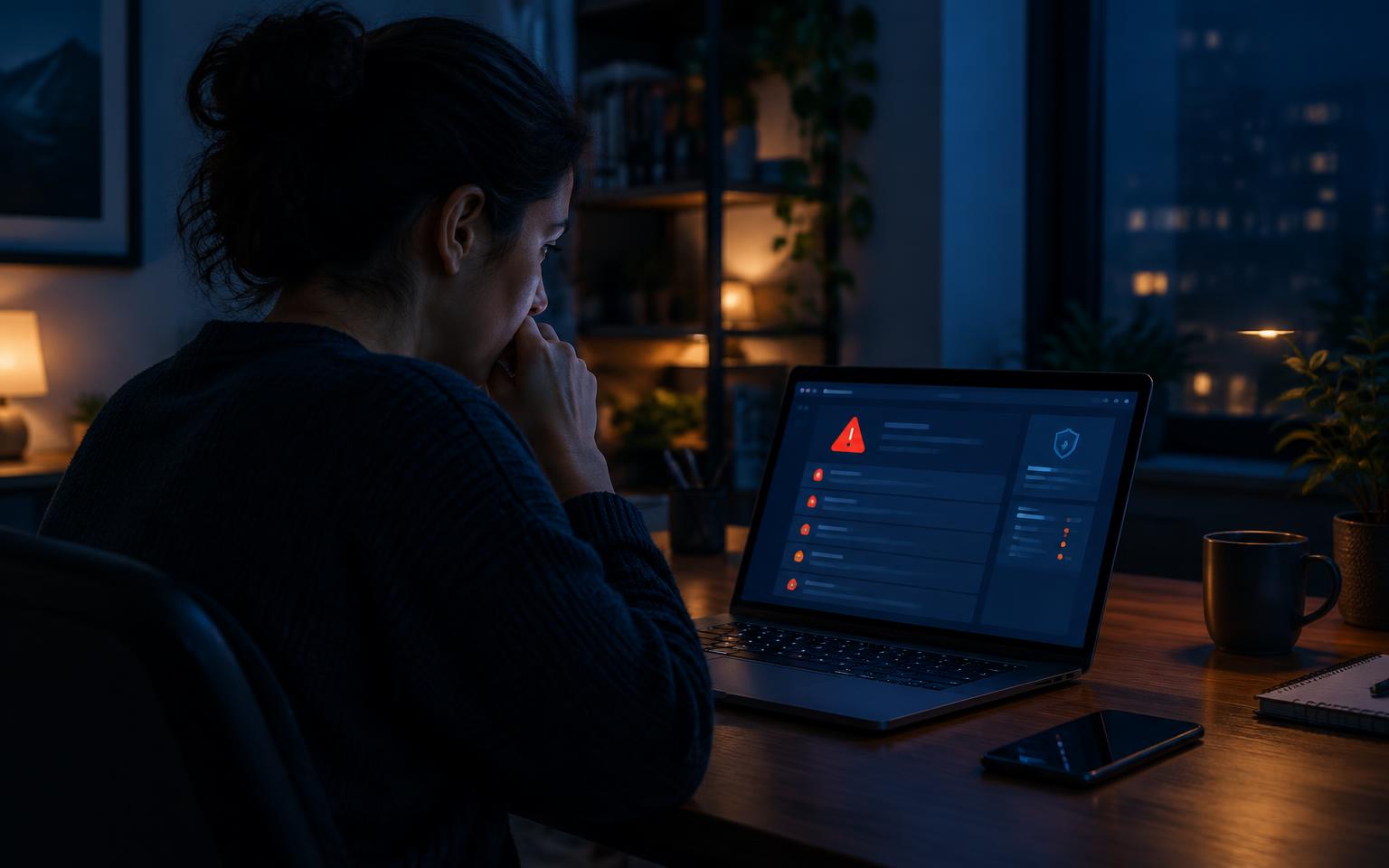 Person reviewing account security alerts on a laptop