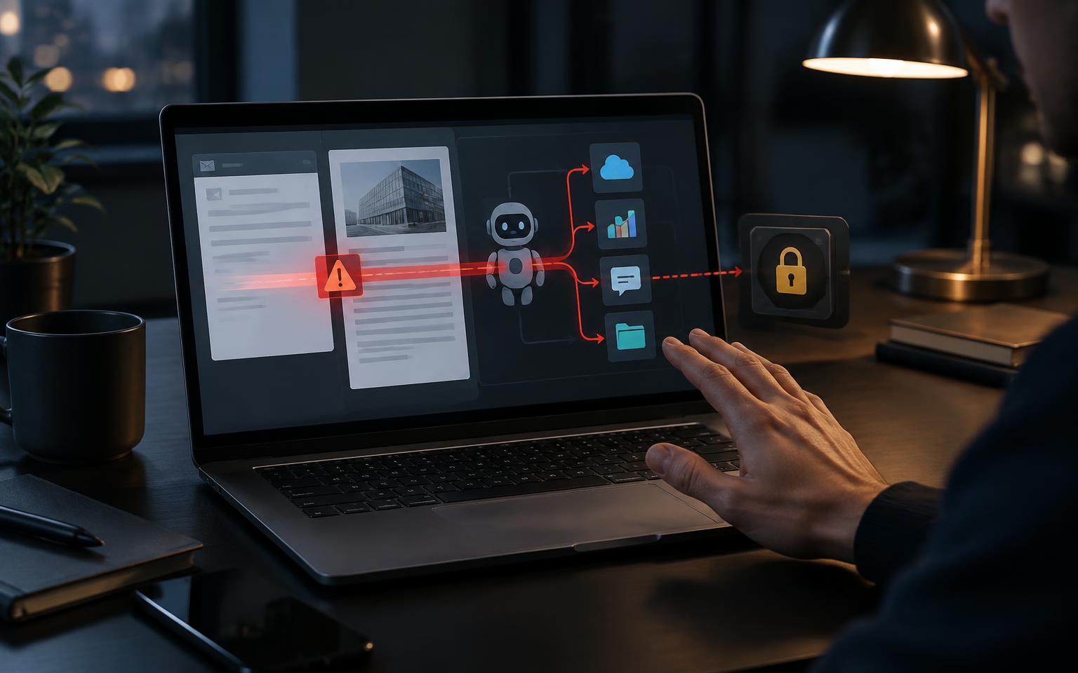 Laptop showing a hostile instruction crossing from a document into an AI agent's connected tools