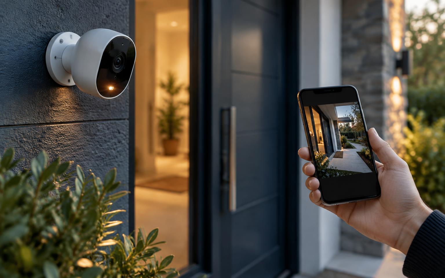Home security camera viewed remotely on a smartphone