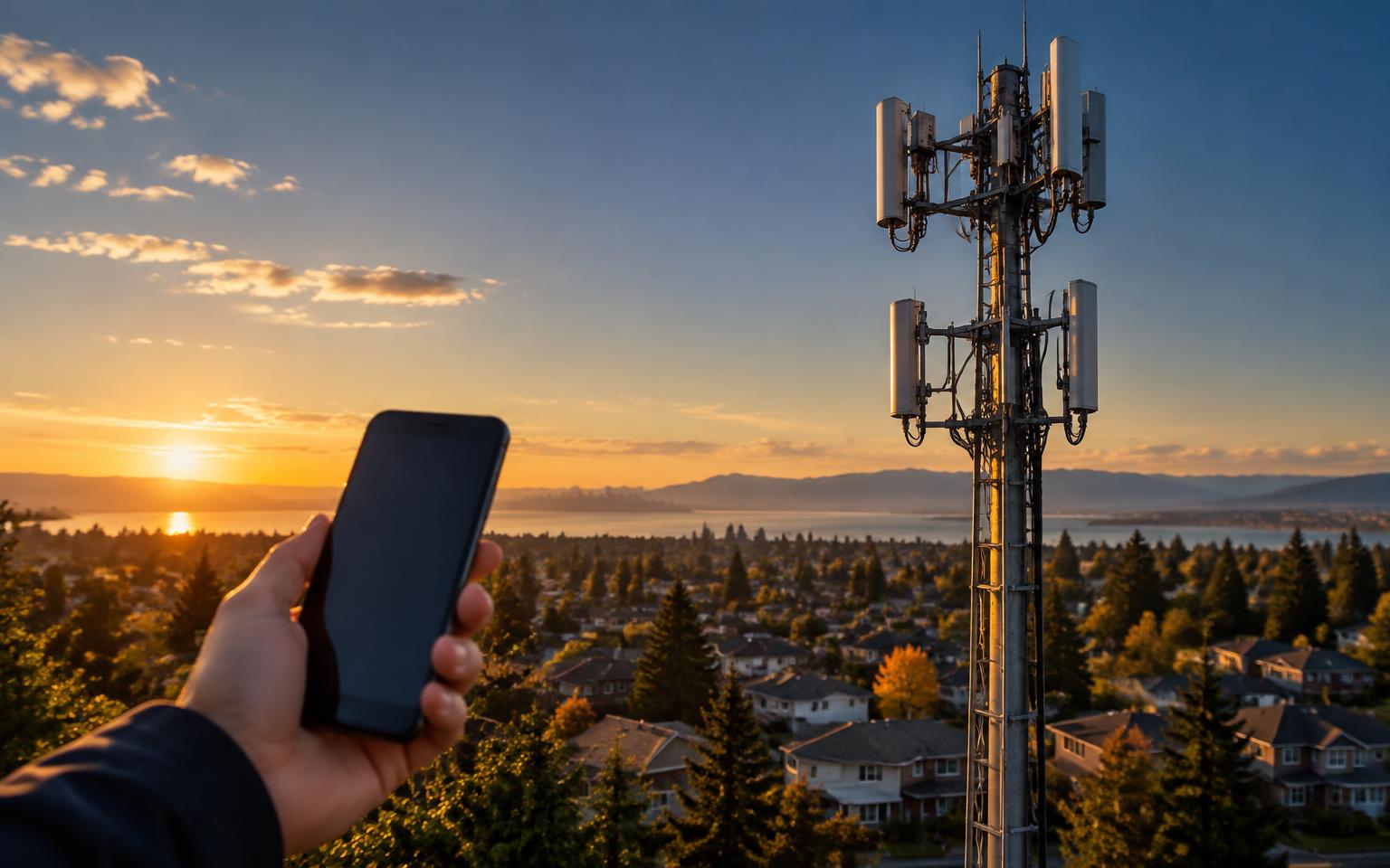 Smartphone held near a cellular tower at sunset