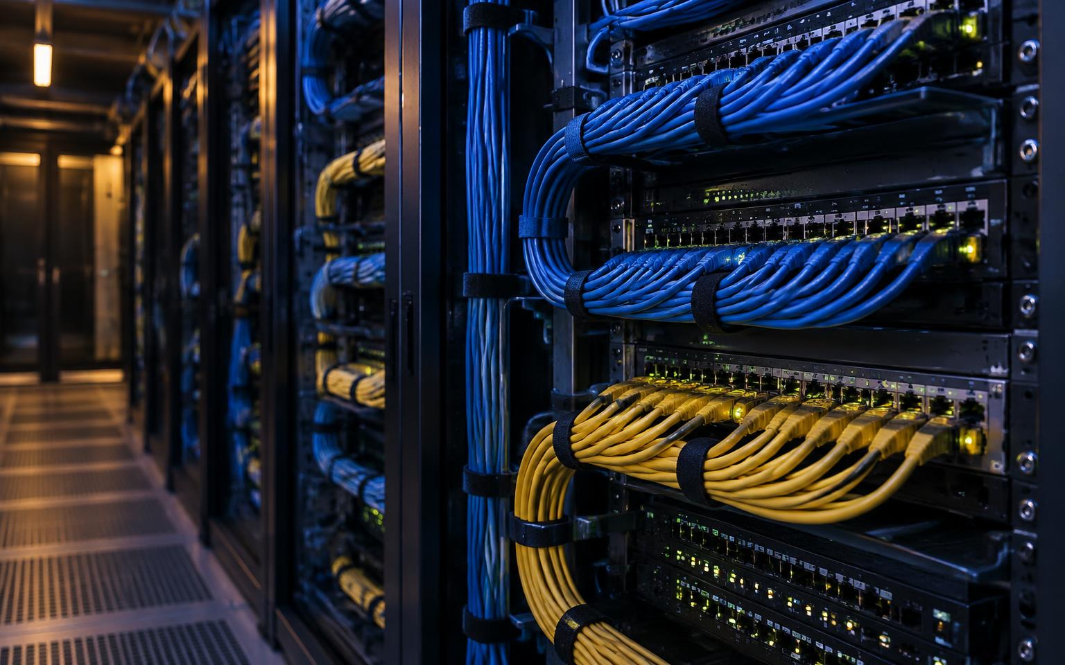 Rows of network switches connected by blue and yellow cables