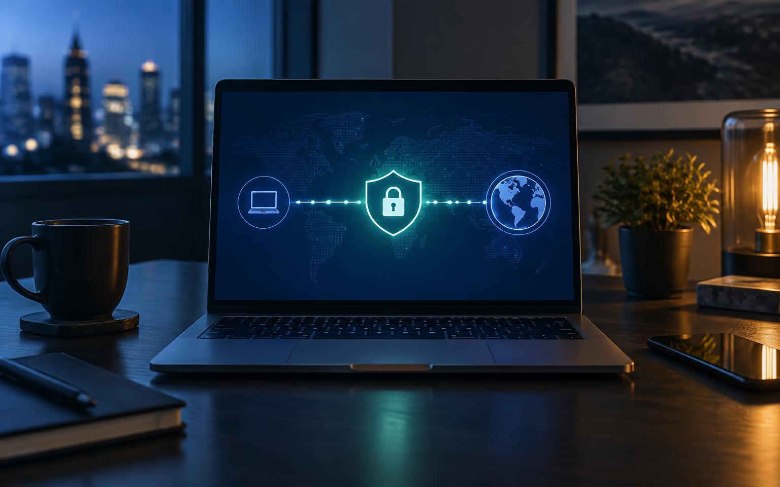Laptop showing a secure network connection graphic