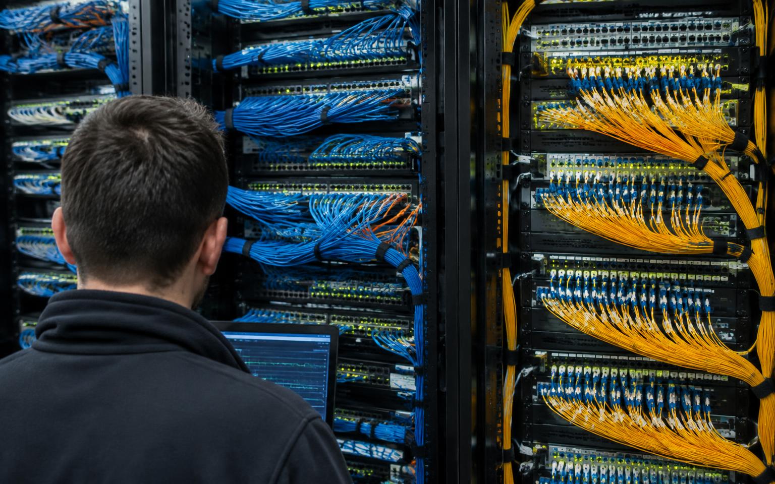 Technician monitoring densely connected network switches and fiber cables