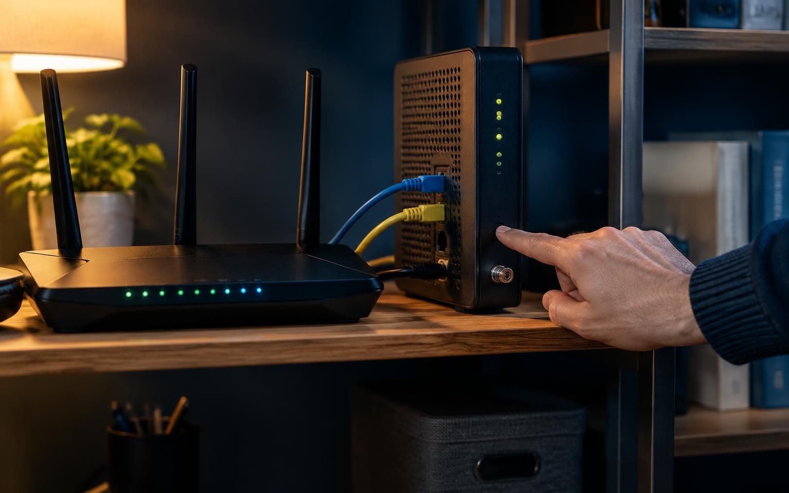Person restarting a home modem beside a Wi-Fi router