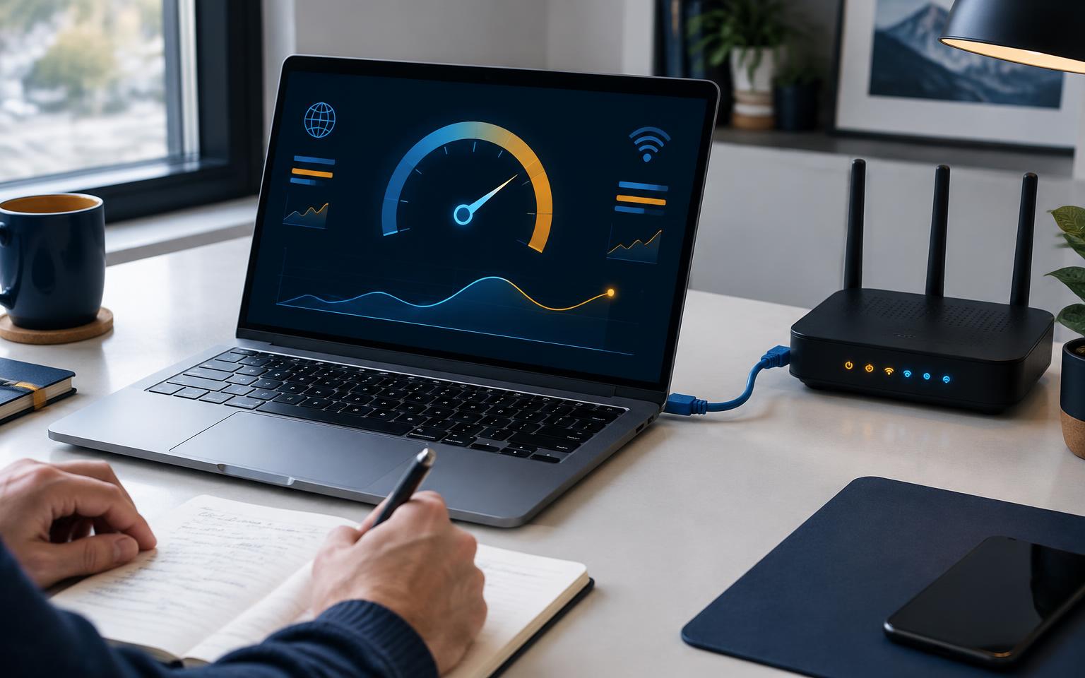 Laptop running a connection speed test beside an Ethernet-connected router