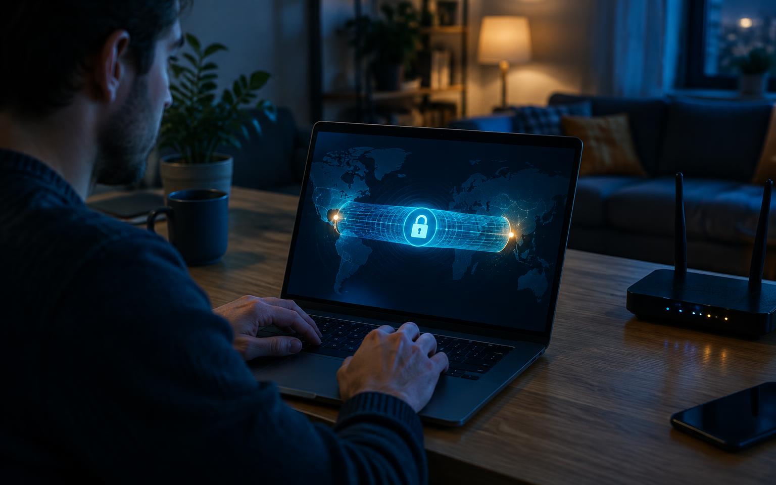 Person comparing an encrypted VPN connection on a laptop