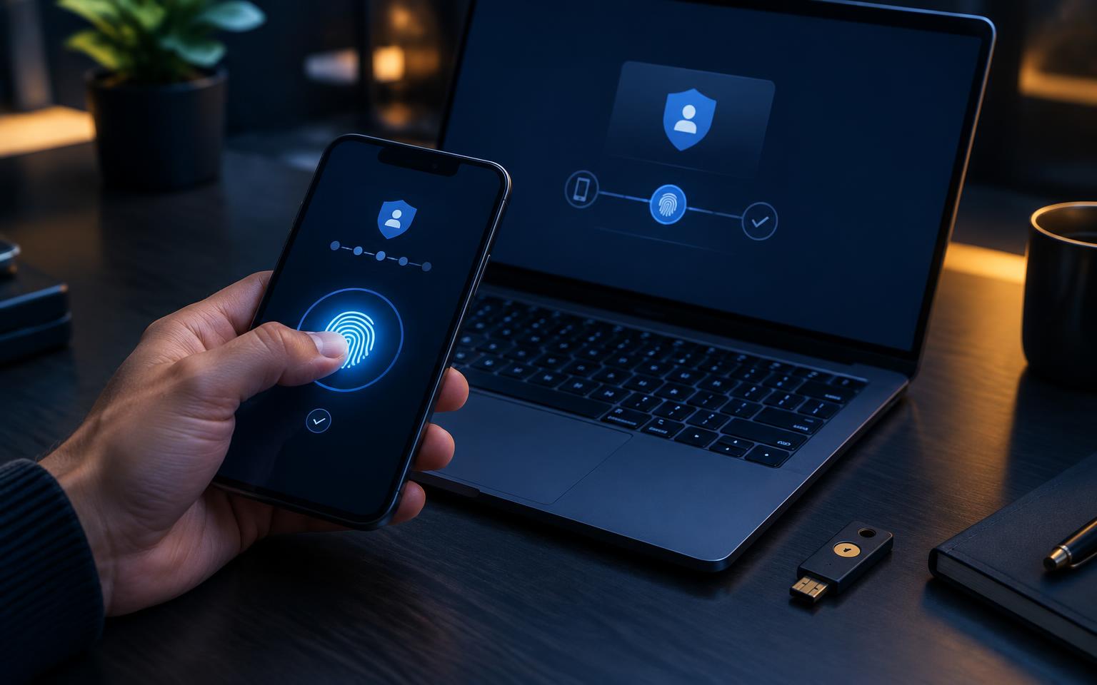 Person approving a passkey sign-in on a phone beside a hardware security key