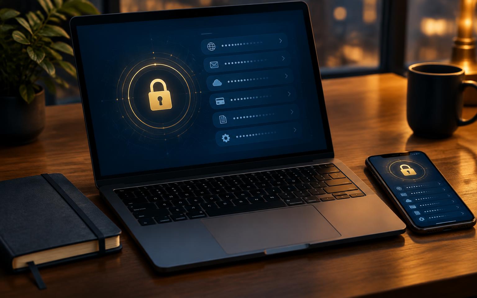 Laptop and phone displaying a secure password manager vault